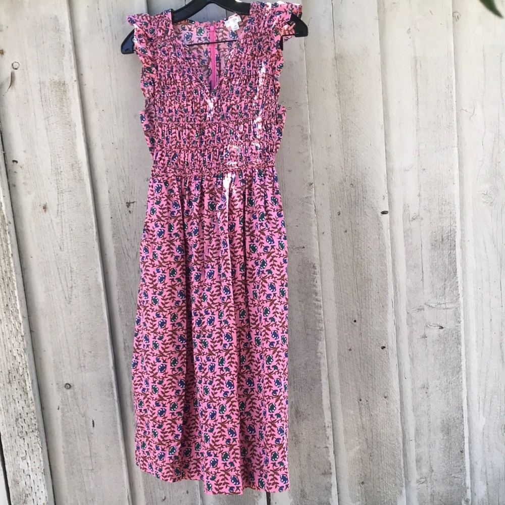 J. CREW Smocked Flutter Sleeve Midi Dress Mauve Pink Floral- size SP
